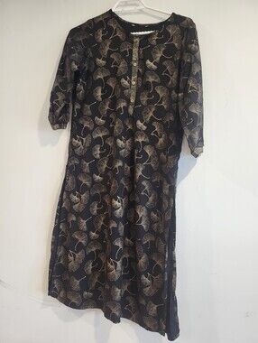 Black & Gold Indian Tunic Dress Shirt – Ginkgo Leaf Print, Boho Midi Dress